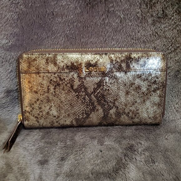 LODIS Leather Snakeskin Zip Around Wallet Brown Silver Metallic NWOT - Picture 1 of 8